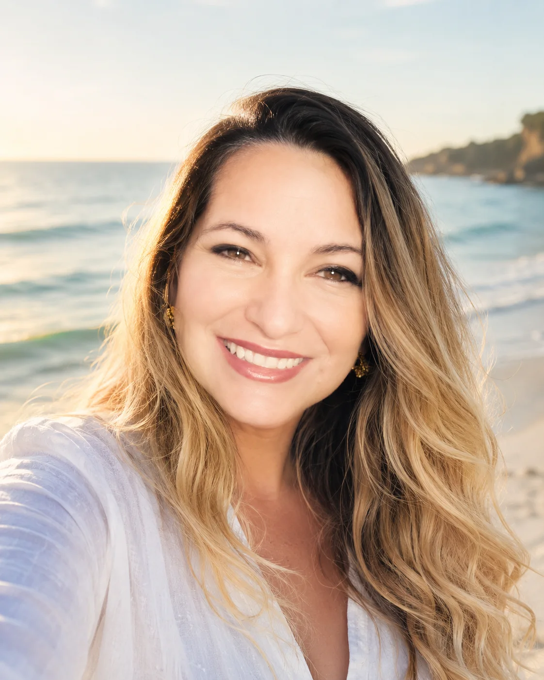 Nadia Oliver sorrindo em um ambiente claro com vista para o mar